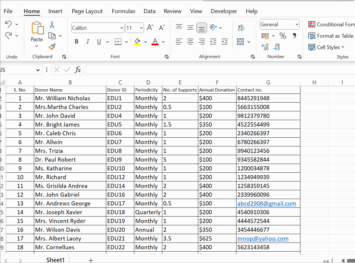 Multiple non-adjacent columns are selected and hidden using the shortcut key, Ctrl+0.