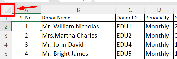 Select all buttons at the top left corner of the worksheet.